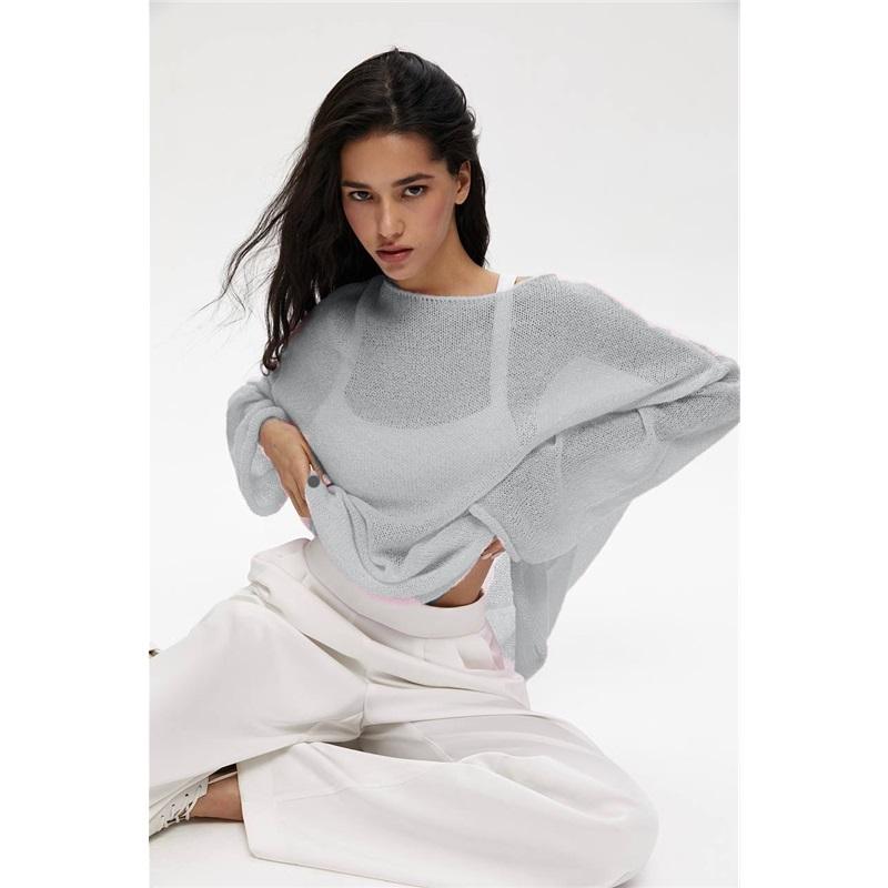 2025 Spring Summer Hollow Knit Sweater For Women Soft Loose Knit Long Sleeve Top European American Style Knitted Sweater Women's Fashion Casual Wear