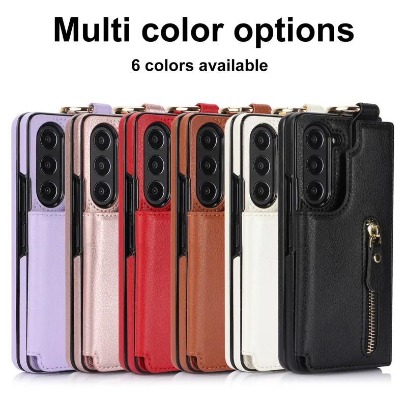 PU Leather Ring Zipper Wallet with Card Holder Phone Case for Samsung Galaxy Z Fold 6 5 4 3 Fold6 Fold5 Fold4 5G Kickstand Cover