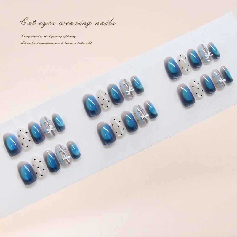 Prefabricated Nail Sea Salt Crystal Blue Cat's Eye Plaid Polka Dot Bow European and American Style Removable Nail Art 30 Pieces