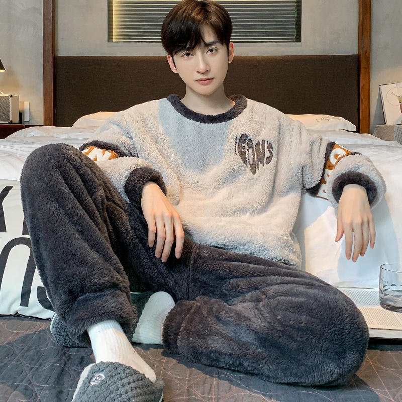 Thick Flannel Men's Pajamas Set Autumn Winter Plus Velvet Thicken Long Sleeves Sleepwear Pjs Nightwear Warm Lounge Wear Set