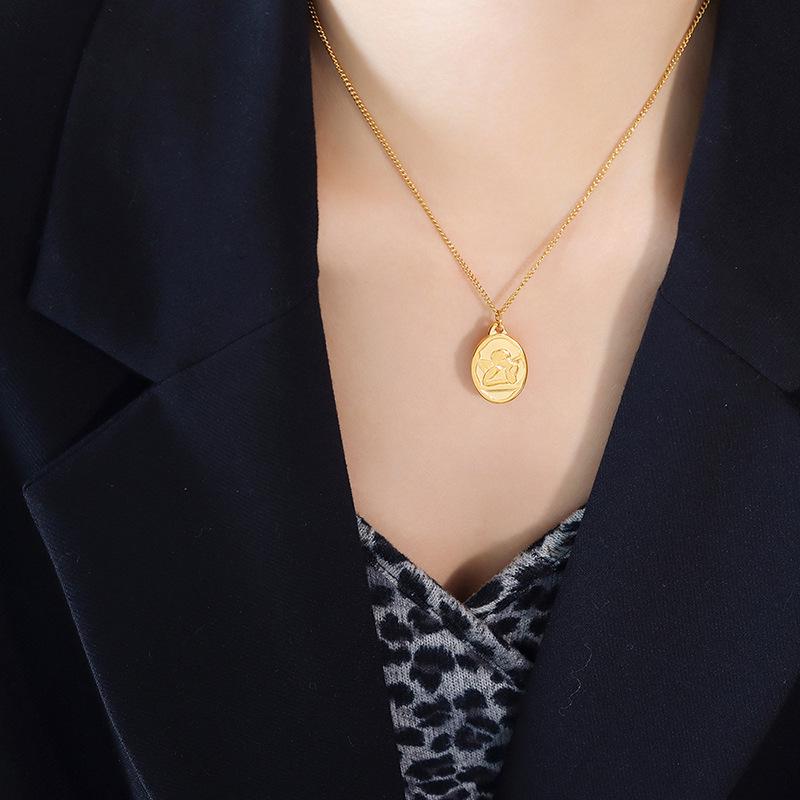 18K Gold-Plated Titanium Steel Oval Angel Boy Choker Necklace for Women