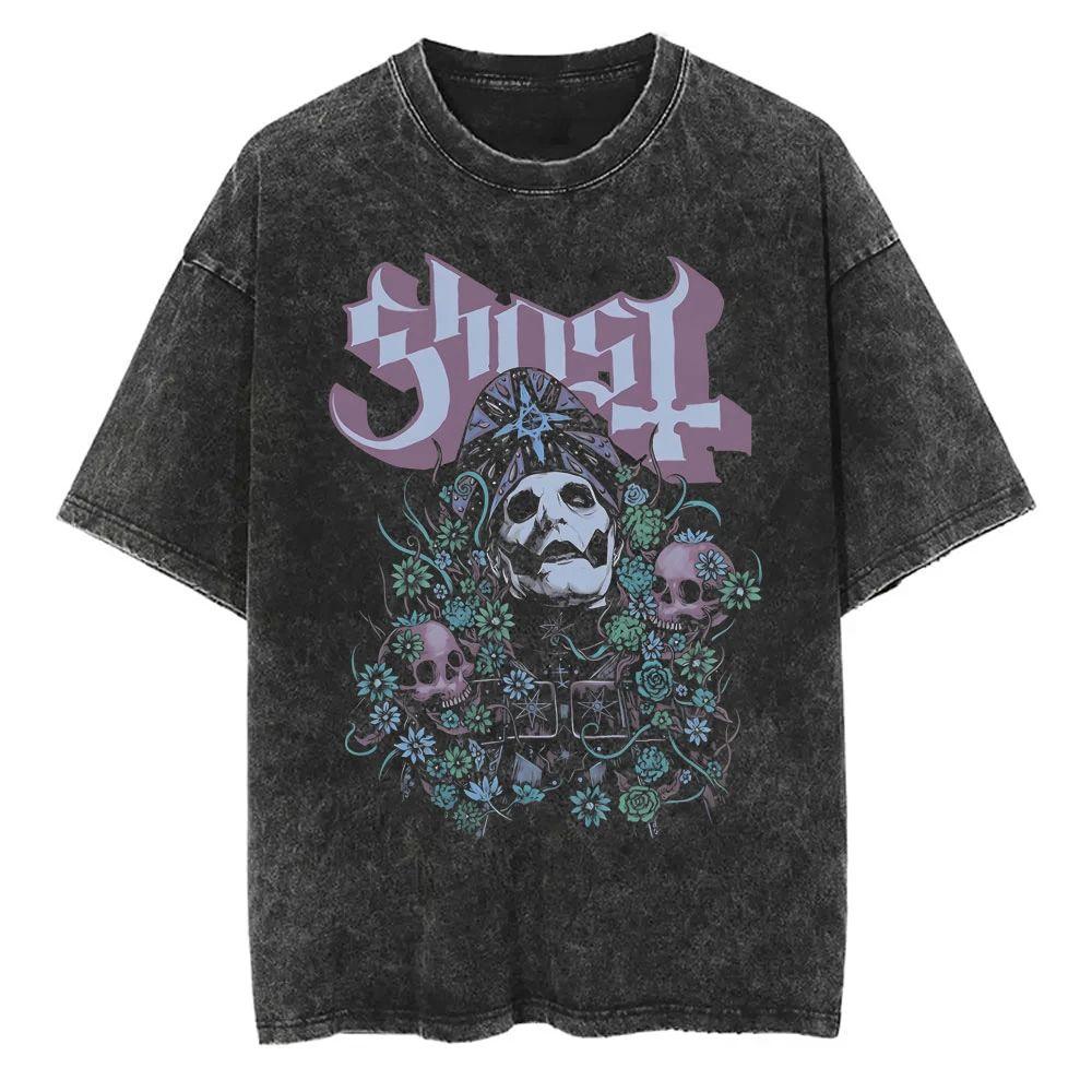 Washed Vintage Ghost Band T-shirt Men's Women's Summer Oversized Tshirt Male 90s Gothic Streetwear Men Women Rock Metal Music T Shirts