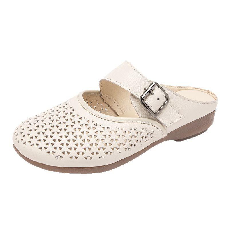 Genuine leather beef tendon soft bottom literary and retro hole bag head half drag women's summer versatile hollow breathable mother slippers