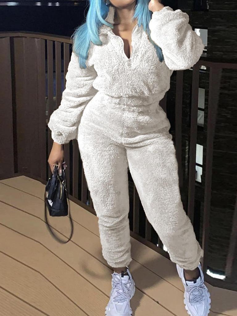 European & American Women's Solid Color Long Sleeve Plush Suit - Autumn/Winter Fashion Casualwear
