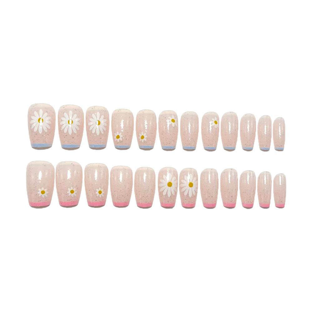 Medium-length European Square Style Explosive Nail Art Glitter Fragments Summer Fresh French Daisy Manicure Pieces Fake Nails