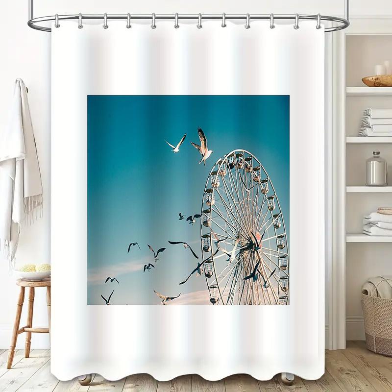 Bathroom Curtain Ferris Wheel Beach Sunset Ocean View Shower Curtain Set Coastal Home Decor Modern Waterproof Fabric