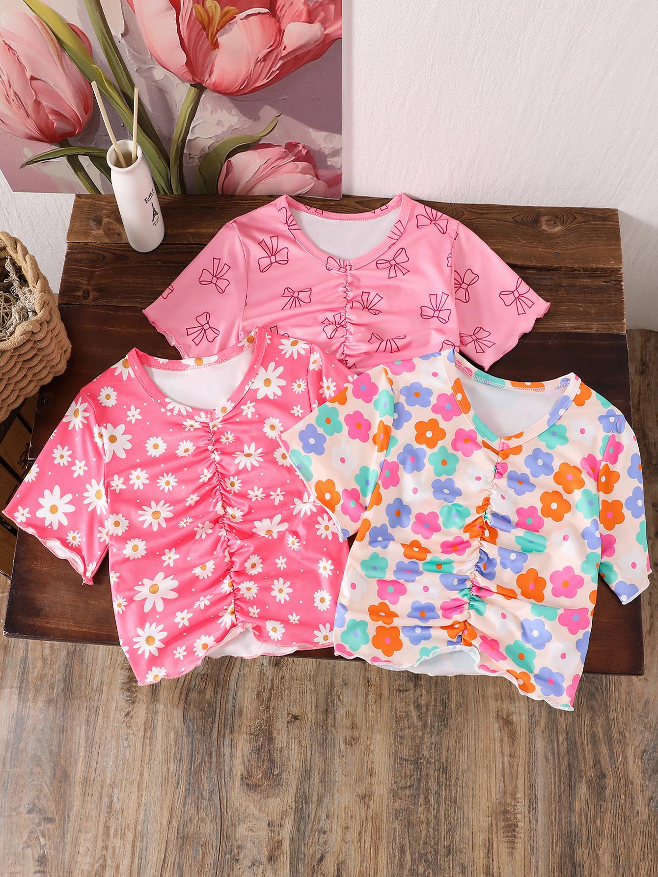 Girls 3-Pack Sweet Floral Print & Bow-Accent Short-Sleeve Casual Tops (Summer Style) 8Y разноцветный