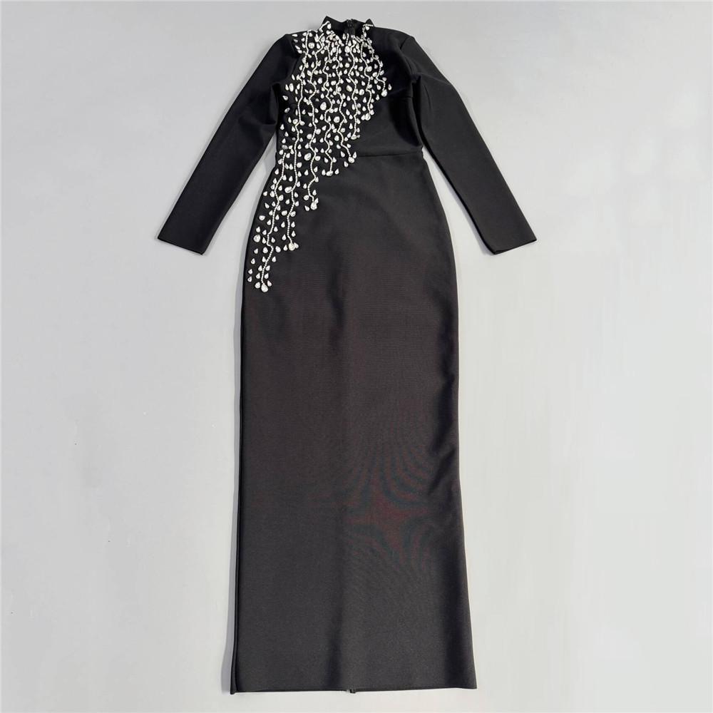 Elegant Hand-Beaded Long-Sleeve Bandage Evening Dress