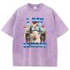 T-Shirt Vintage Gewaschenes Baumwoll-T-Shirt Ich Esse Zement Milch Katze Tier Grafik-T-Shirt Lässige Streetwear Frühling Sommer Herbst
