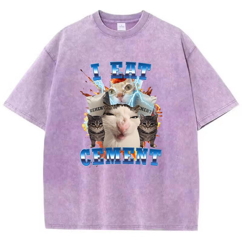 T-Shirt Vintage Gewaschenes Baumwoll-T-Shirt Ich Esse Zement Milch Katze Tier Grafik-T-Shirt Lässige Streetwear Frühling Sommer Herbst