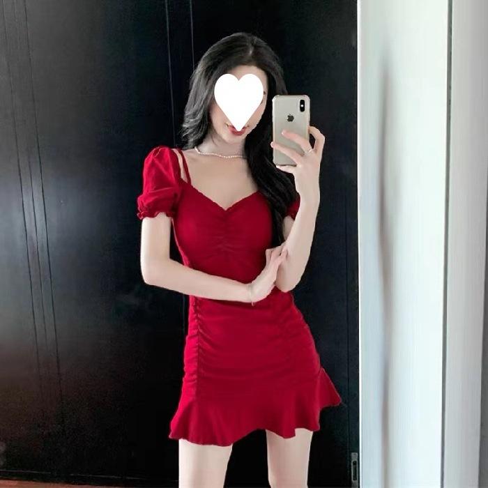One-word Neck Dress Slim-fitting Bubble Sleeve Pleated Hip-wrapped Suspender Skirt Temperament Small Short Skirt Female Summer