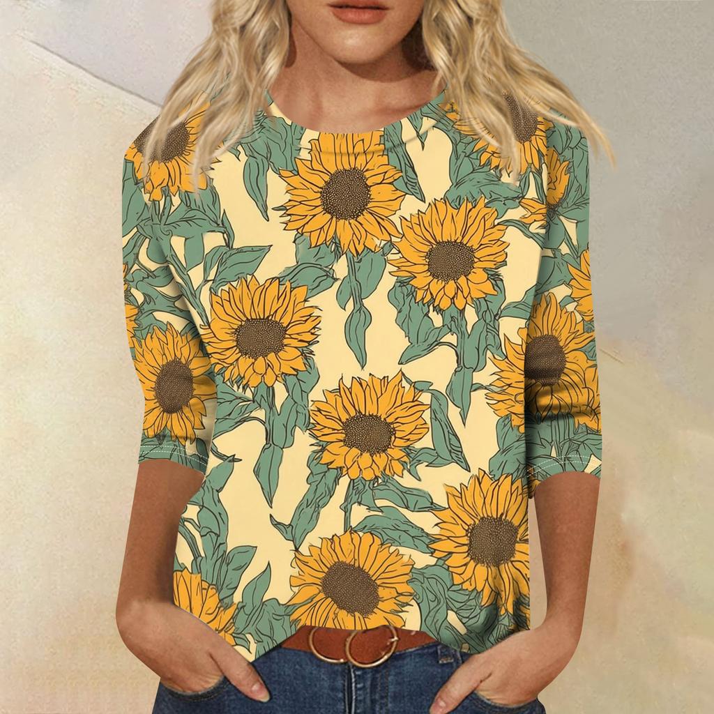 Top T-shirt casual alla moda da donna con scollo rotondo, manica a tre quarti e stampa