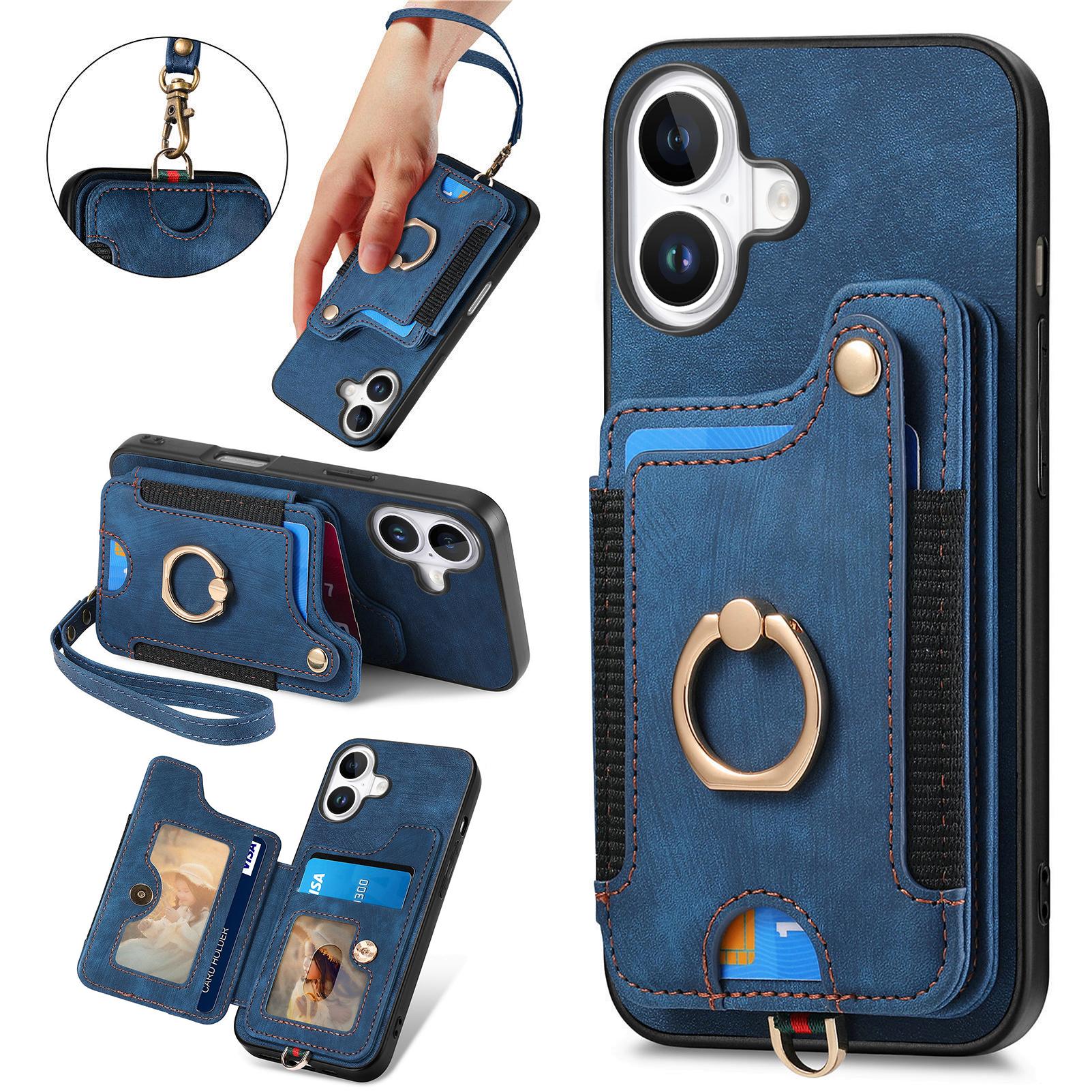 

For iPhone 16 Plus Case RFID Blocking Handbag Leather+TPU Phone Cover Card Slots,Ring Holder Blue