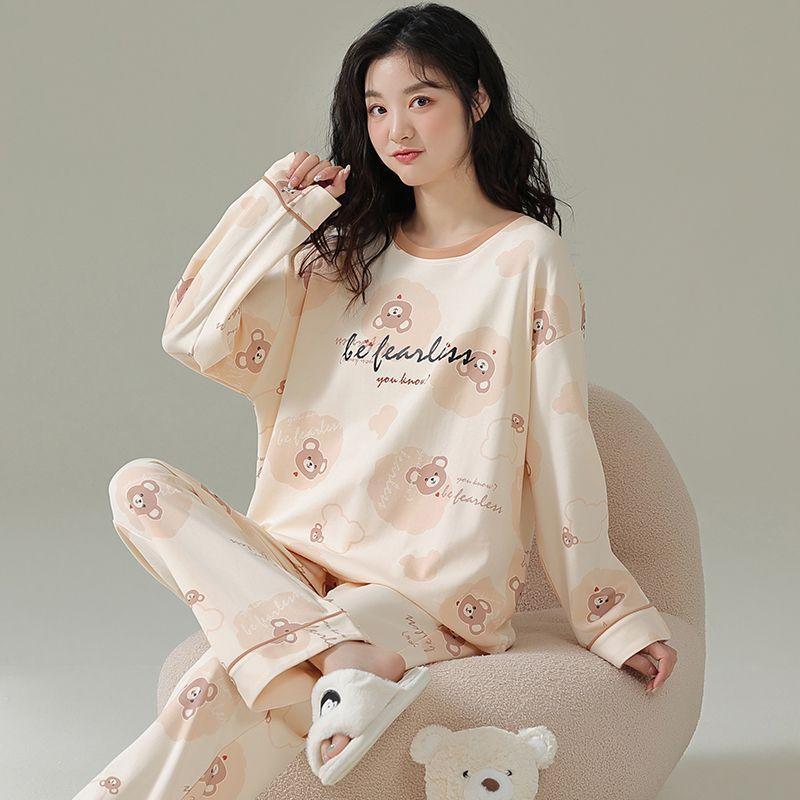 Autumn and Spring Long-Sleeve Women's Home Wear Pants Cartoon Set Pajamas for Ladies