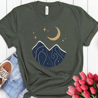 Abstract Mountain Night T-Shirt, Celestial Moon Graphic, Boho Tee