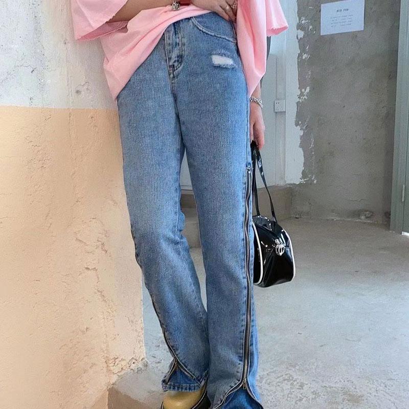 Contrasting Colors Spliced Bootcut Trousers Women's Clothing High Street Denim Pants Chic Zipper Wide Leg Casual Vintage Jeans