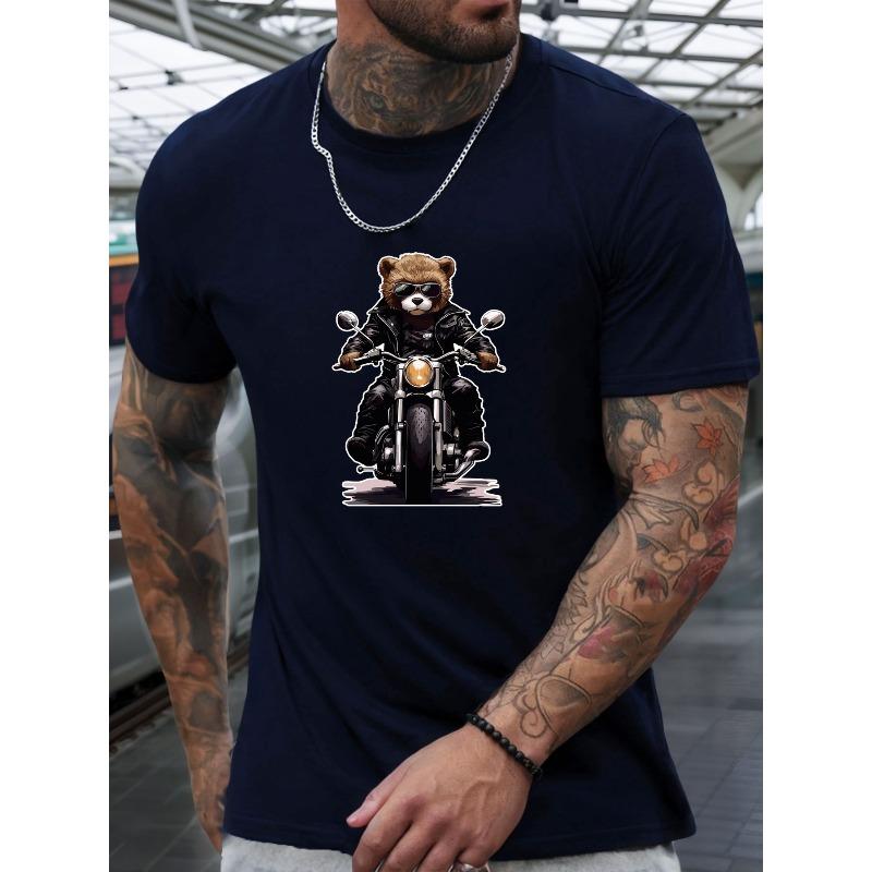 Men's Bear Riding Motorcycle Graphic Summer Casual Crew Neck Short Sleeve T-Shirt
