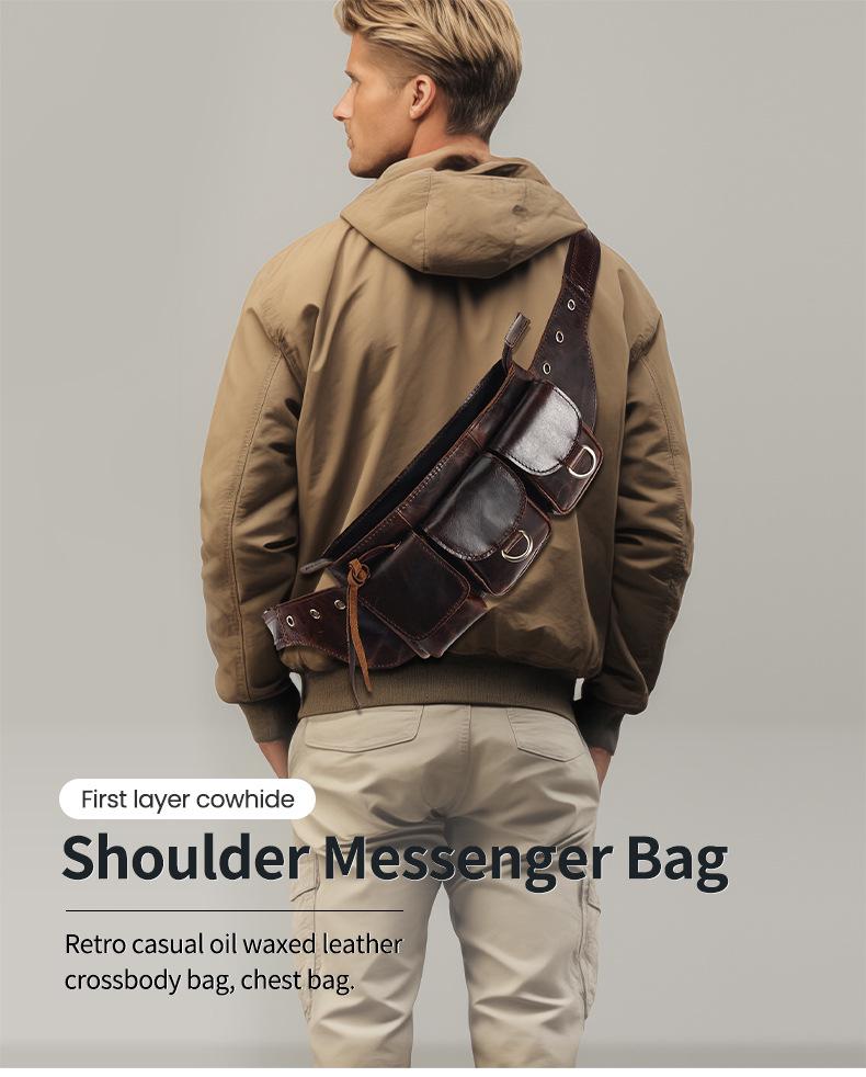 Men's Top Layer Cowhide Multi-Pocket Waist & Crossbody Bag - High-End Oil Wax Leather Retro Style