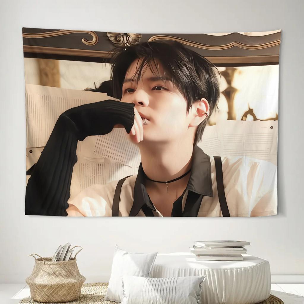 Vintage Frame Celebrity Photo Tapestry Warm Tone Korean Male Portrait Wall Hanging for Teen Girls Bedroom Decor