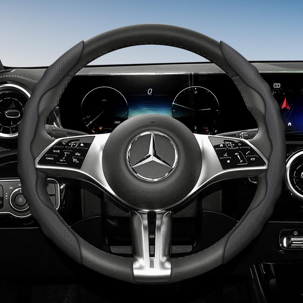 Steering Wheel Cover for Mercedes-Benz, Wave-Shaped Sporty Design, Breathable Leather, Segmented, Non-Slip, Sweat-Absorbing Protective Case