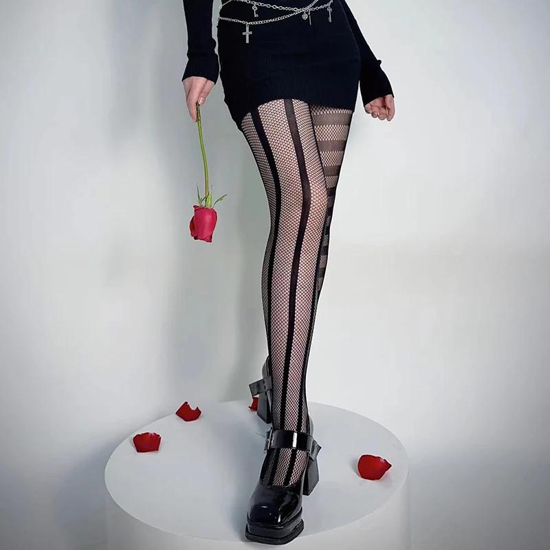 Stripe Asymmetric Tights Women'S Pantyhose High Elasticity Lace Hollow Fishnet Sexy Stockings Classic Ladies Gothic Pantyhose