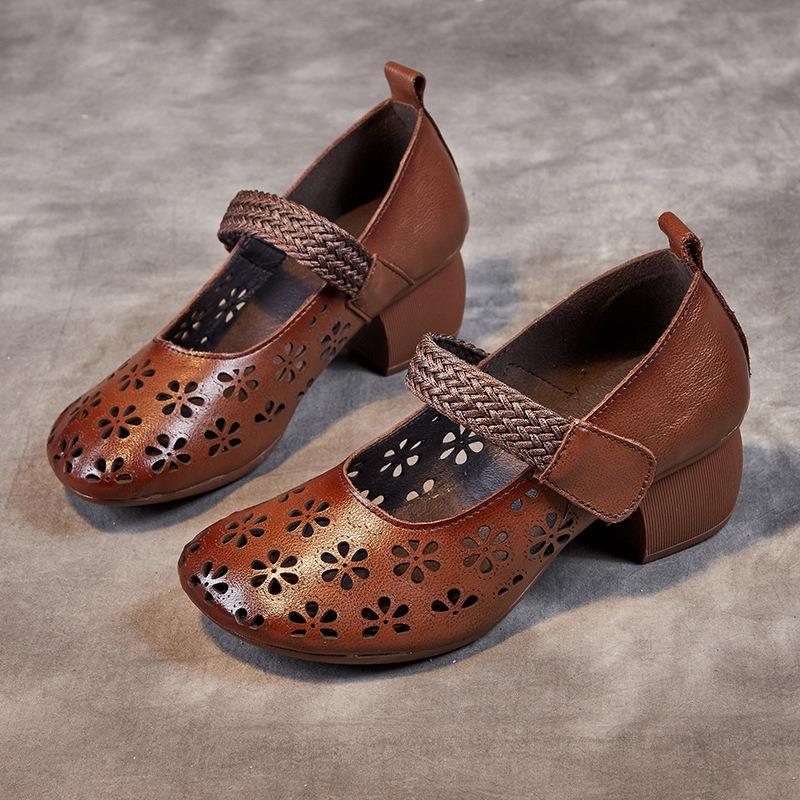 

Women s shoes summer wear non-slip hole shoes first layer cowhide thick heel soft sole hollow retro women s sandals women 41 темно-коричневого кольору