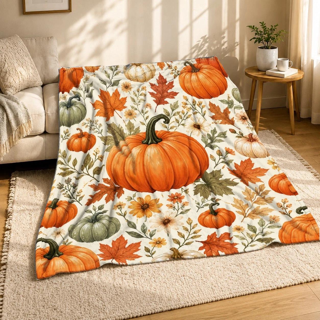 Pumpkin And Fall Leaves Coral Fleece