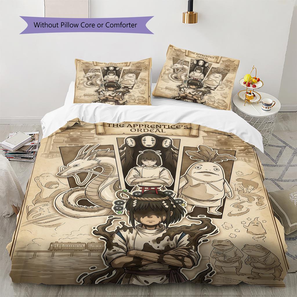 Retro Spirited Away Pattern Bedding Quilt Set Home Decoration Gift (1 * Duvet Cover + 2 * Pillowcase Without Core)