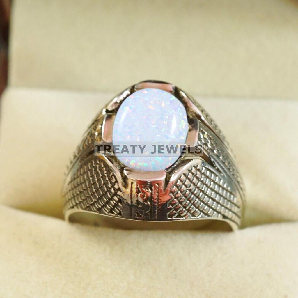 Opal Oval geschliffener Edelstein mit 925er Sterling Silber Ring für Herren #B347 JL375682017590