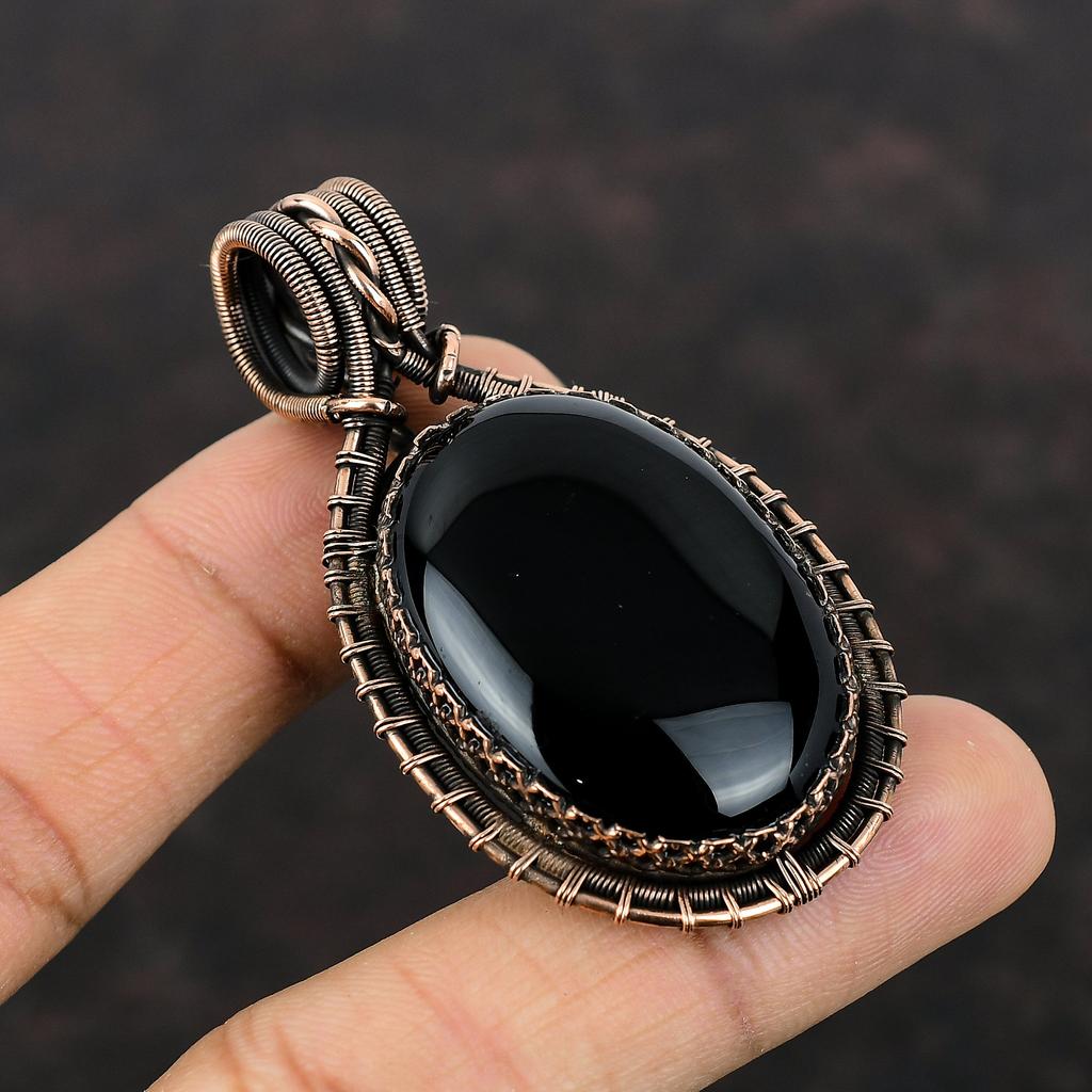 Black Onyx Pendant Copper Wire Wrapped Pendant Gemstone Pendant Black Onyx Copper Jewelry Handmade Pendant Wire Wrap Jewelry Gift For Mother