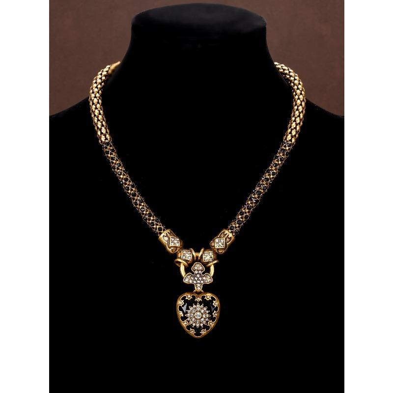 Vintage rhinestone inlaid flower black heart-shaped necklace and earrings