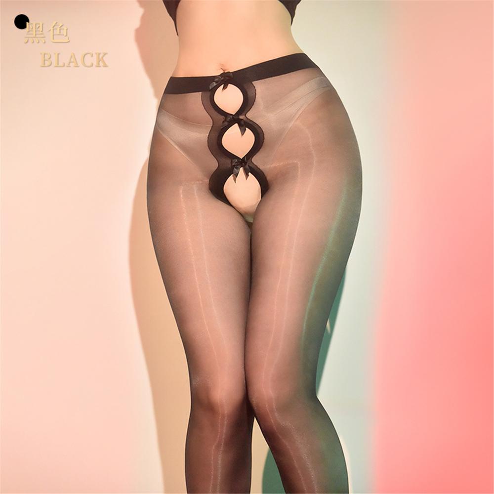 Sexy Women 3D Thin Oil Shiny Glossy Pantyhose Bow Hollow Out Tights Exotic Open Crotch Allure Vintage Maid Pantyhose Shaper