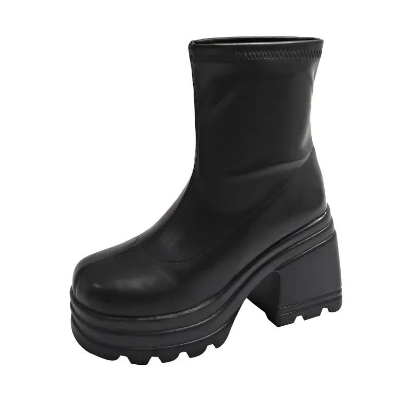 Fashion Women's Punk Chunky Heel Boots Black Gothic Platform High Heel Boots Fashion Designer Shoes New Cool Women Street Mid-calf Boots