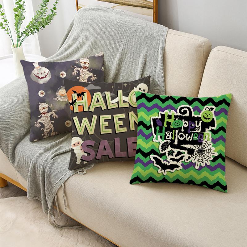 Colorful Halloween Trick Or Treat Dwarf Skull Pumpkin Linen Throw Pillowcase Decorative Cushion Cover For Sofa Living Room Party