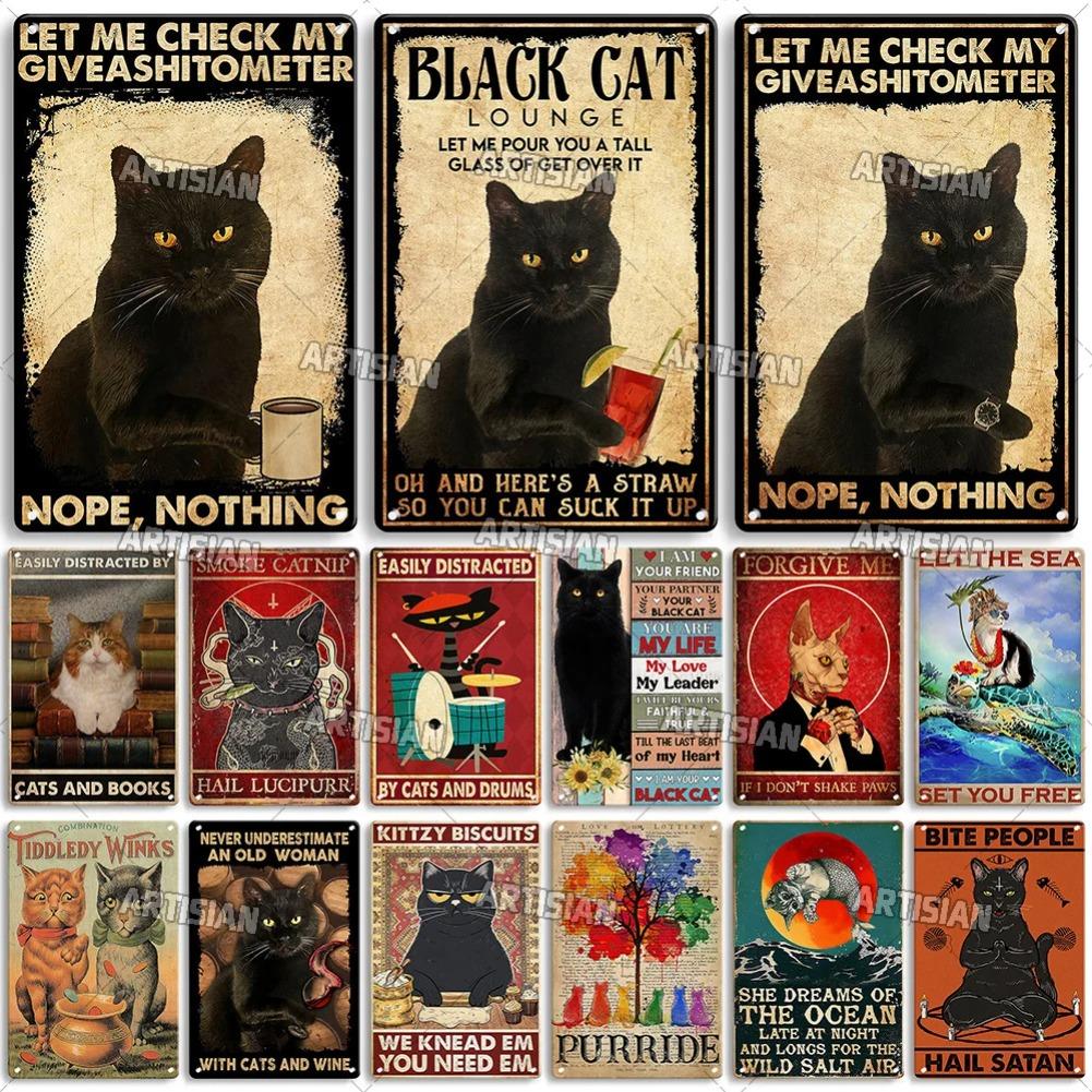 Artisian Animal Sign Black CAT Retro Metal Poster Funny Pet Vintage Decorative Tin Plate Garage Bar Pub Club Home Wall Decor