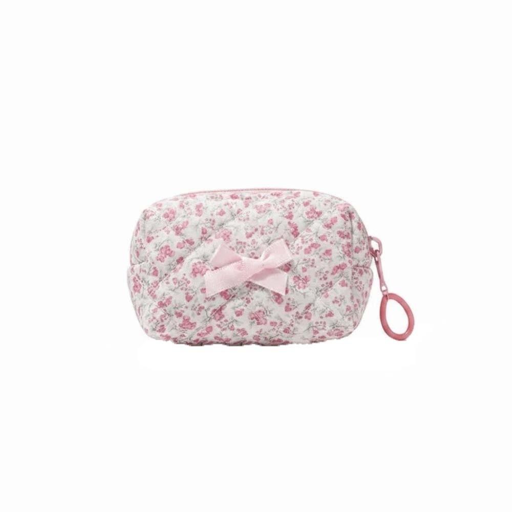 Embroidered Bowknot Quilted Cosmetic Pouch Floral Print Small Coin Purse Teenage Girls