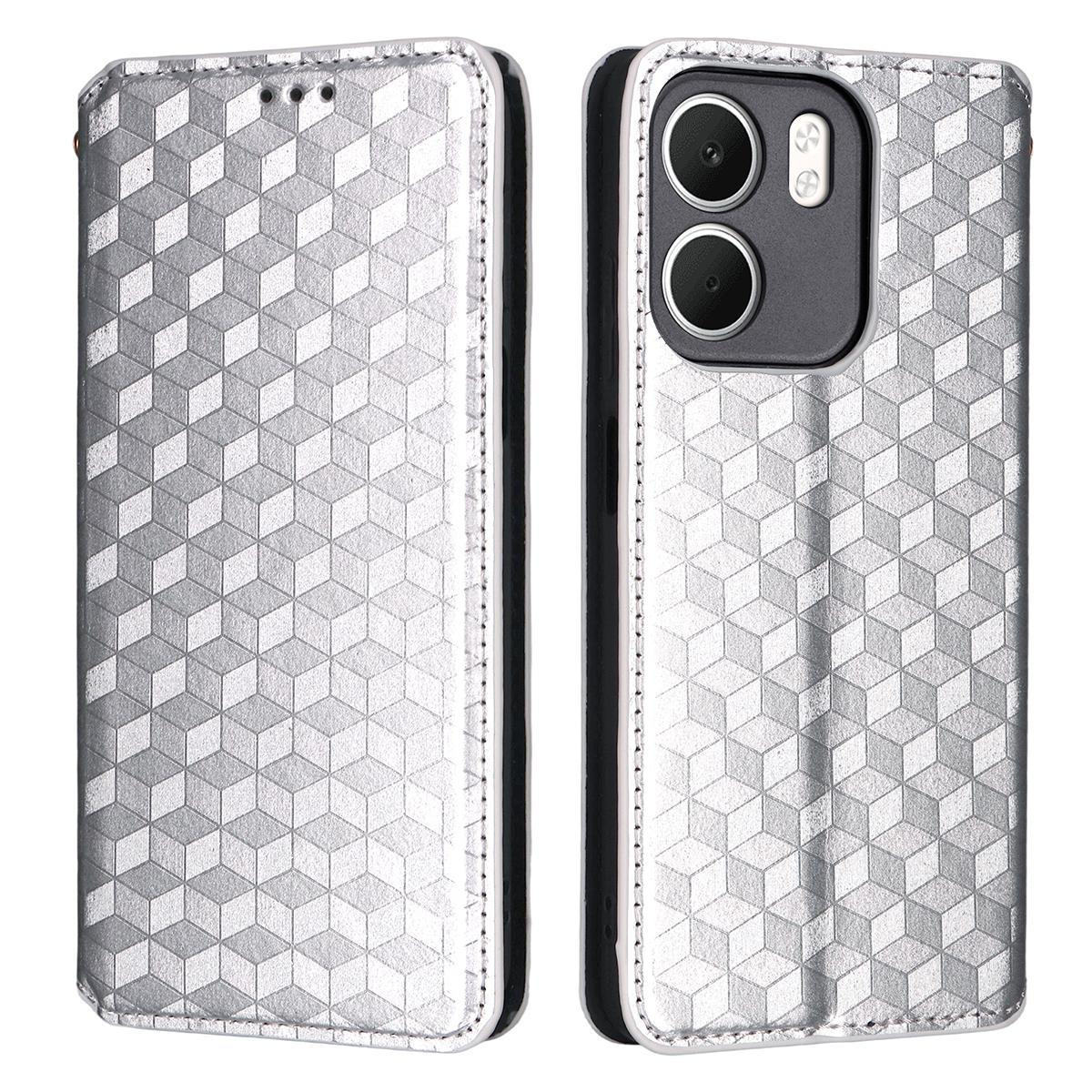 

For Oppo A5x 5G/4G Case Wallet Rhombus Imprinted Leather Phone Cover Silver