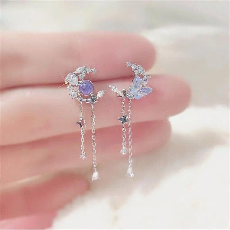 

BLINGBAY женские изысканные милые серьги-бабочки с цирконием и луной, женские серьги-бабочки в корейском стиле, новые модные асимметричные серьги для девочек, праздничные украшения