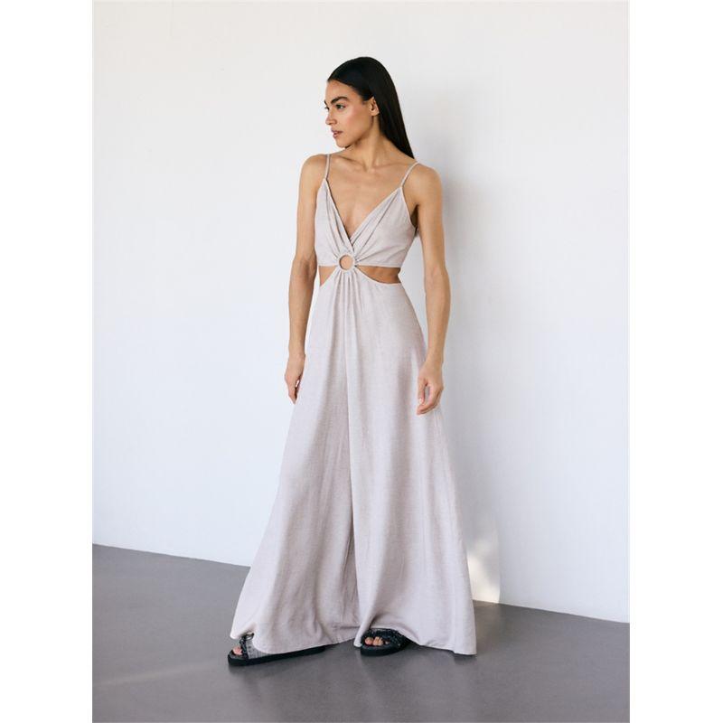 

Foreign Trade Pure Yuan Tall Elegant Temperament Linen Blend Sexy Banquet Fashion Women s Sling Wide Leg Jumpsuit Light gray L