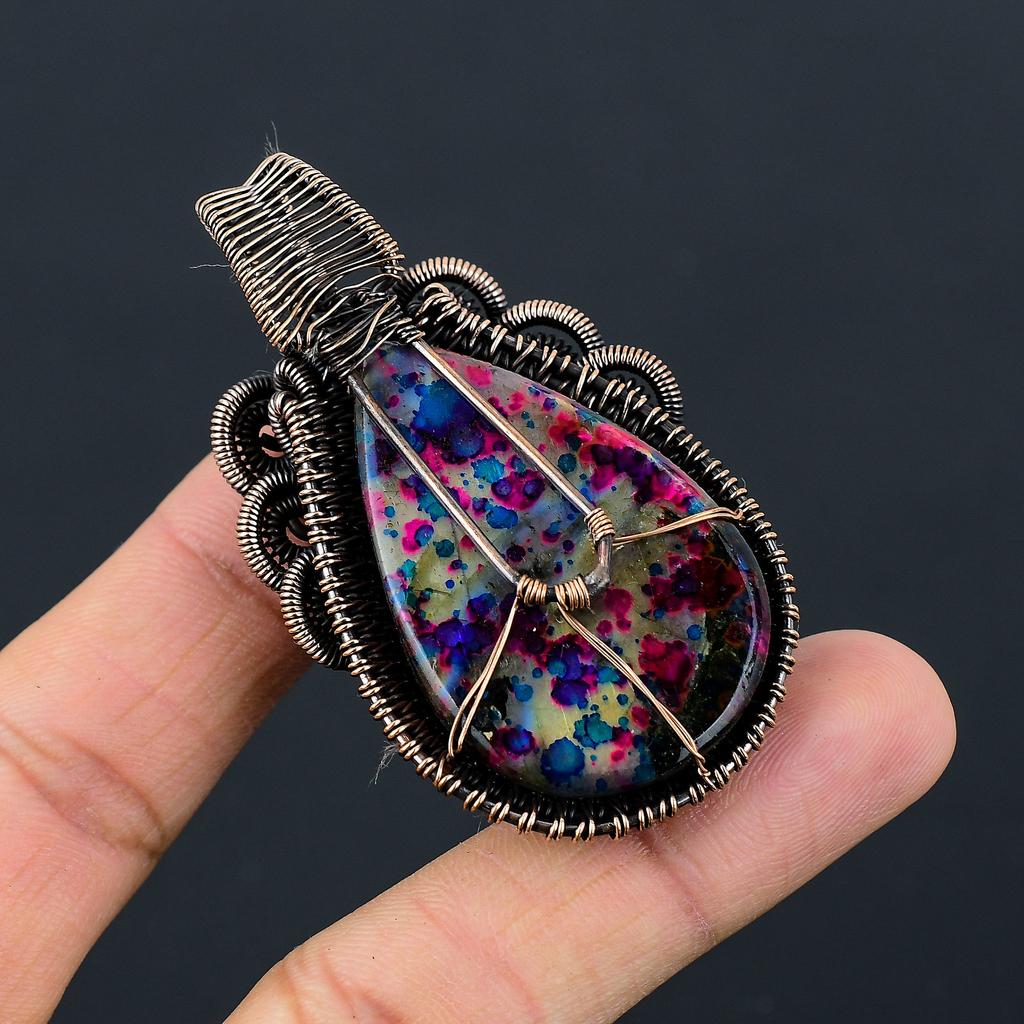 Multi Feuer Labradorit Handgefertigter Kupferdraht Wickelanhänger 2,56" w4U96