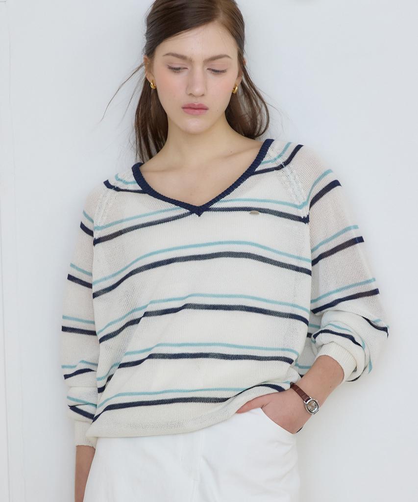 OURHOPE Linen Heather Stripe V-Neck Knit - Ivory