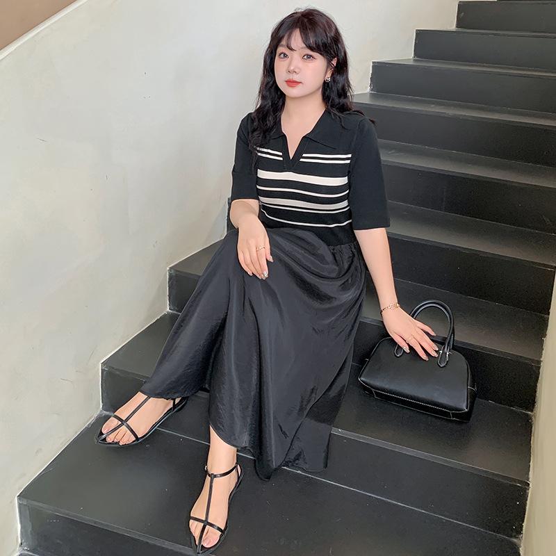 Plus Size Women's Lapel Patchwork Knitted Long Skirt Slimming Striped Dress