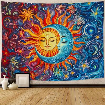 Sun and Moon Tapestry Boho Hippie Orange Red Blue Floral Tapestry for Bedroom Aesthetic Abstract Plant Flowers Small Tapestries