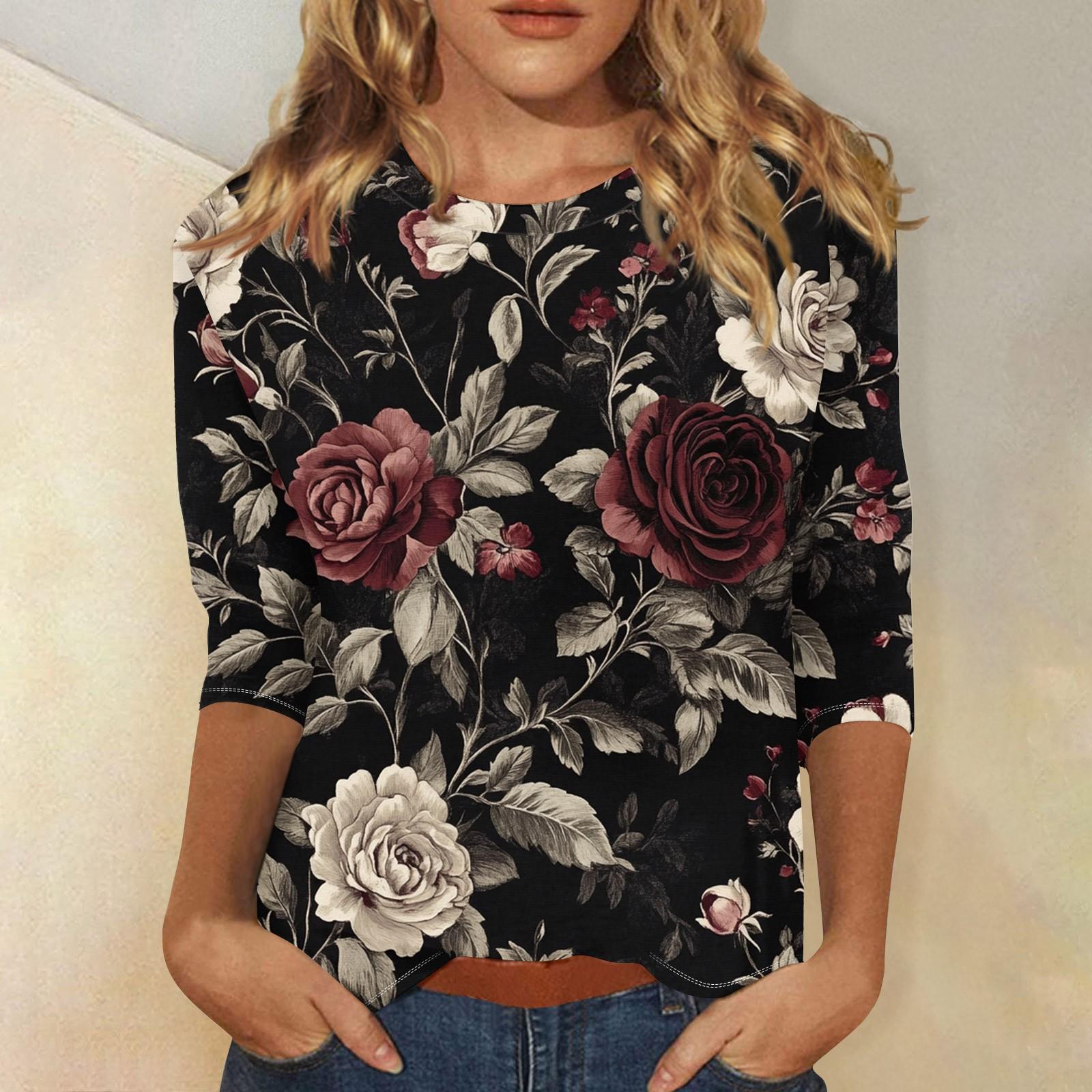 

Женская мода повседневная три четверти рукав цветочный принт круглый вырез пуловер топ L тёмно-синий