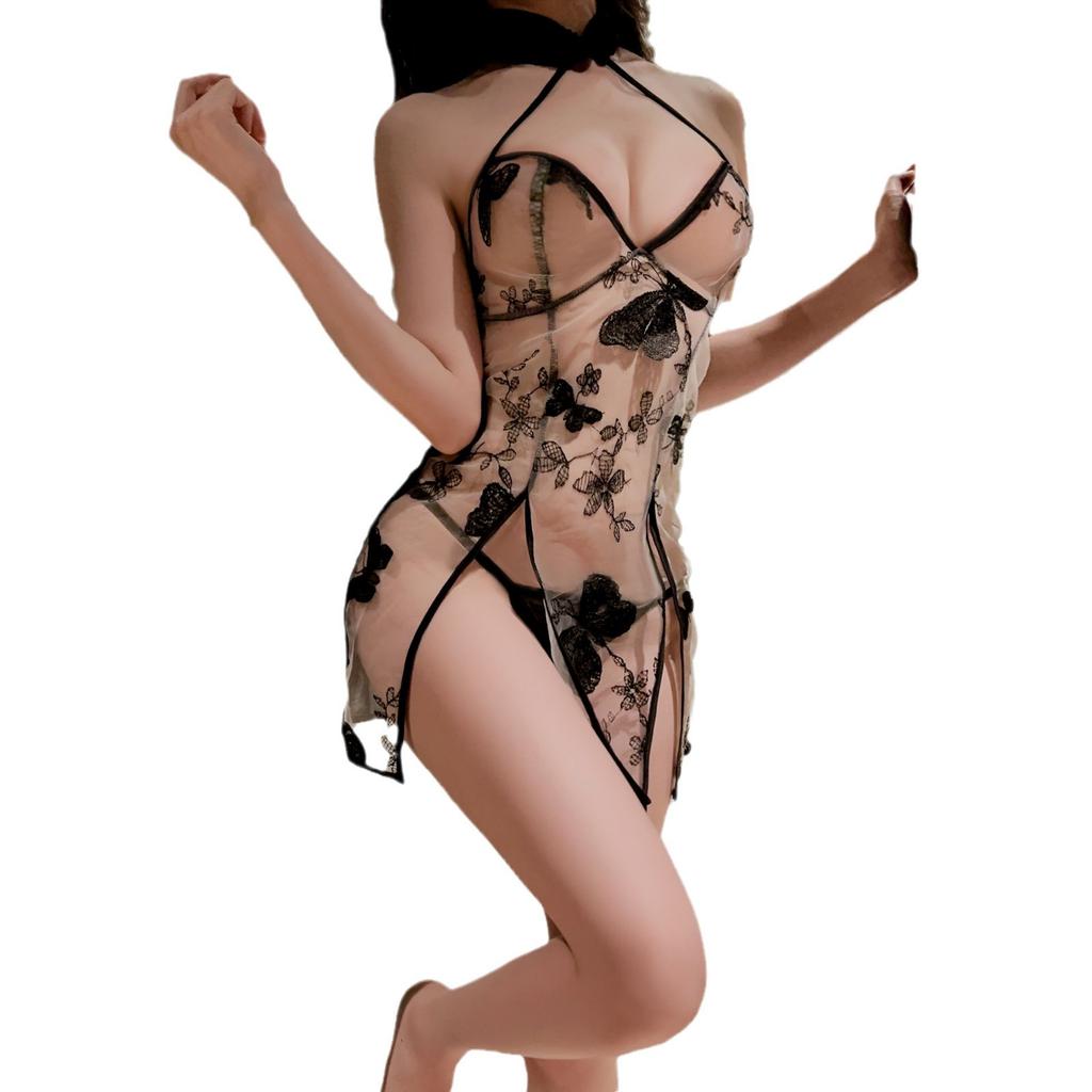 Sex underwear butterfly embroidered pajamas women's sexy retro cheongsam style hot uniform temptation large size suit
