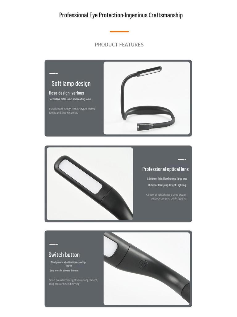 Rechargeable 3-Color Neck Reading Light - Portable, Dimmable, Ideal for Outdoor Camping and Night Reading
