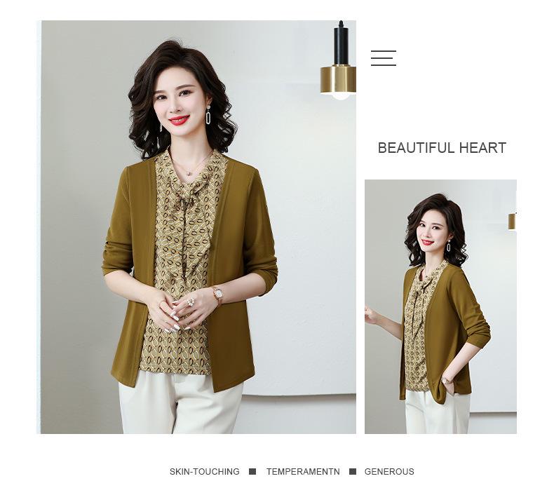 2026 Spring Floral Print Knit Top for Stylish Middle-Aged Women - Faux Two-Piece Design