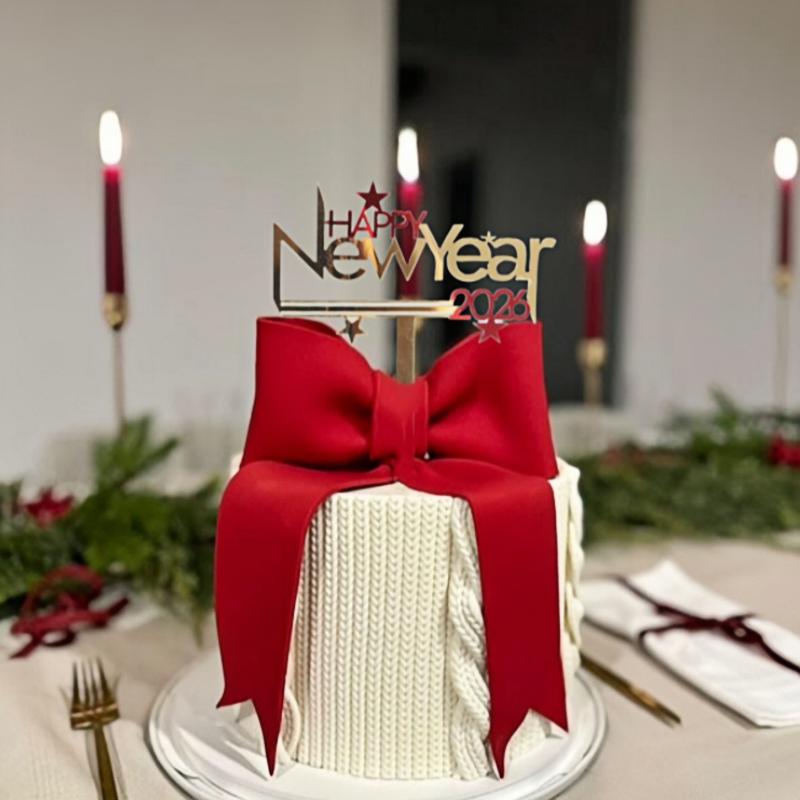 

Hello 2026 New Year Acrylic Cake Decoration Golden Red Cake Topper Decor
