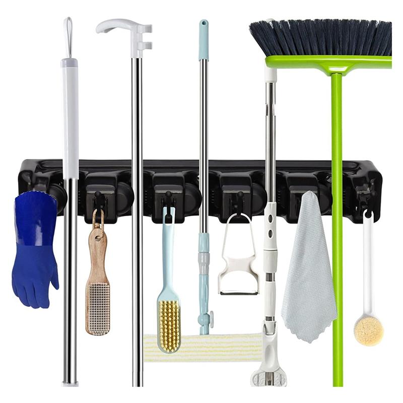 A20F-Broom Holder & Wall Mount Garden Tool Organizer Kitchen, Closet, Garage & Laundry Room Storage 5 Slots & 6 Hooks