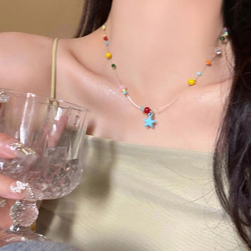 Party Necklace Colorful Star Beaded Pendant Clavicle Chain Delicate Star Collar Choker Necklace for Women Girl Birthday